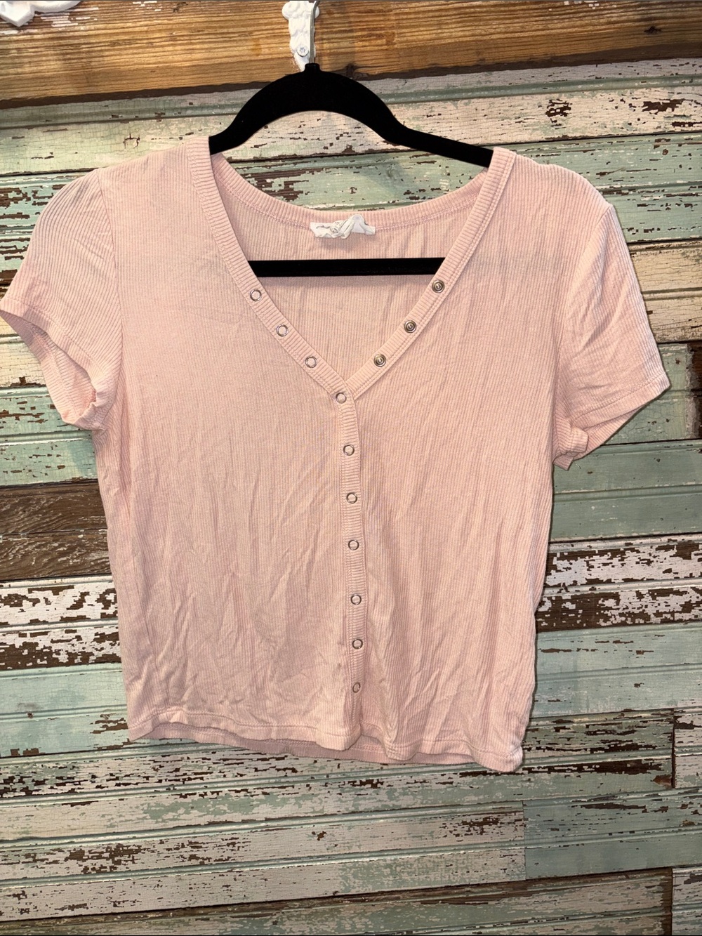 Soft Pink Ribbed Snap-Front Women’s Top